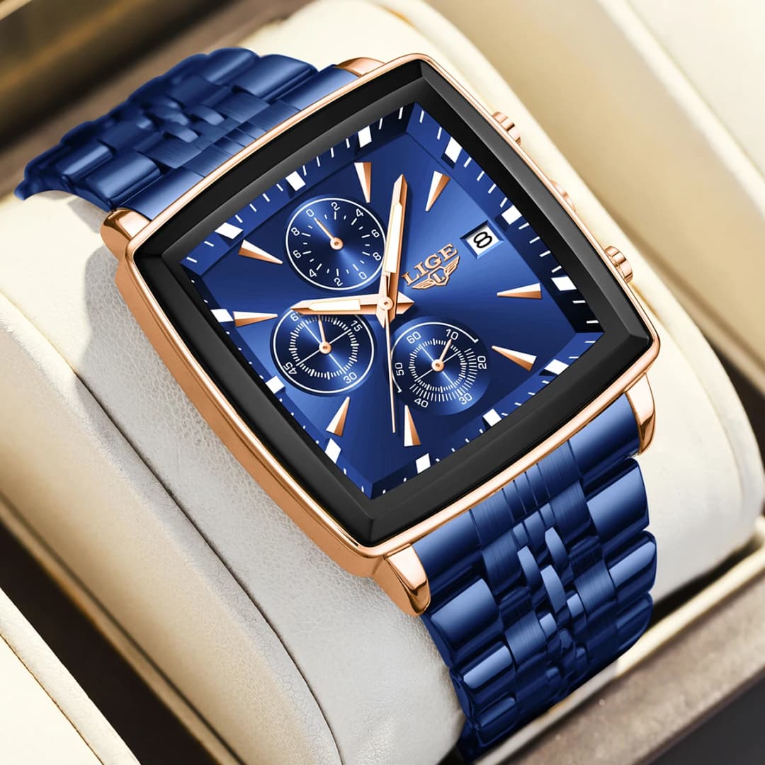 LIGE Luxury Square Sport Man Wristwatch Waterproof Luminous Chronograph Quartz Men's Watches Stainless Steel Men Watch Reloj