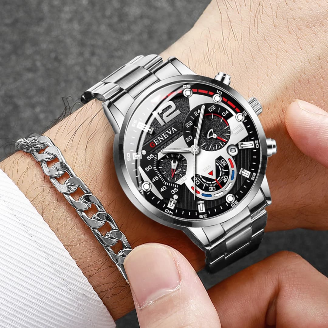 مجموعة ساعات رجالية أنيقة من الفولاذ، ساعة كوارتز تناظرية مع سوار، بدون علبة - 3