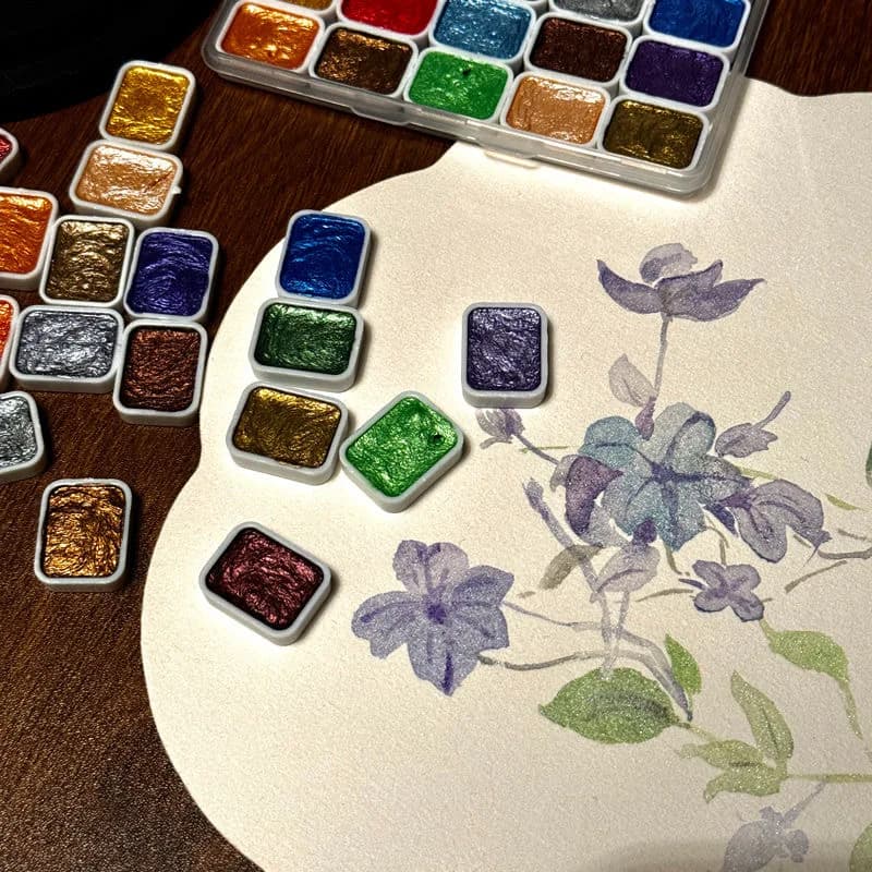 مجموعة ألوان مائية معدنية 20 لونًا، صندوق محمول مع لوحة ألوان مائية صلبة لؤلؤية لامعة، لوازم فنية - 4