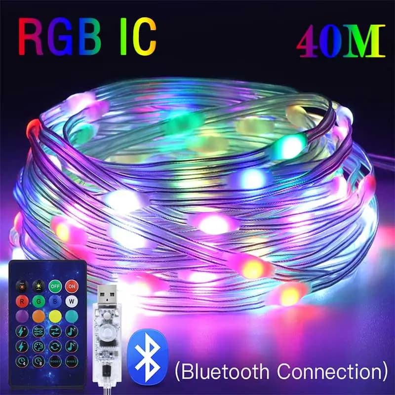 سلسلة إضاءة LED بطول 40 متر RGB ذكية للخارج مع خط جلدي IP65 ومصباح موسيقي بلوتوث لإضاءة الحفلات والعطلات