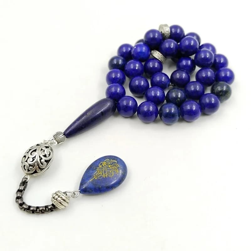 سبحة من حجر اللازورد الطبيعي، 33 حبة، أسورة، حجر أزرق، هدايا عيد الفطر ورأس السنة - 5