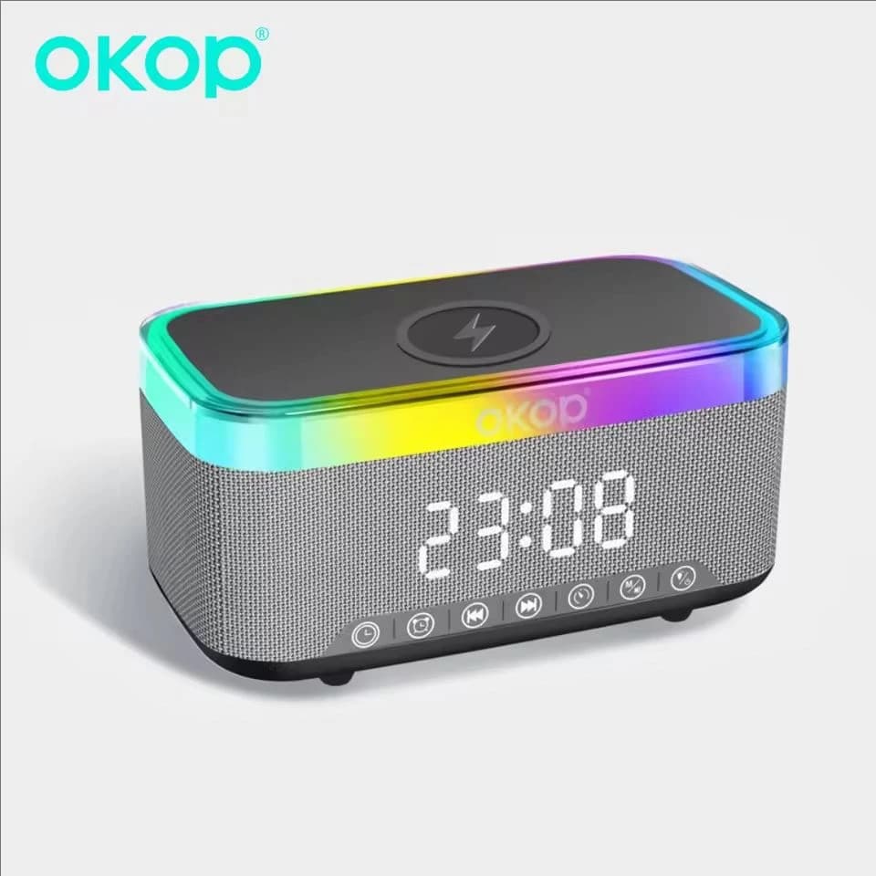 سماعة بلوتوث OKOP بقوة 15 واط شحن لاسلكي، ساعة منبه إضاءة محيطة RGB ضوضاء بيضاء شاحن مكتبي - 5