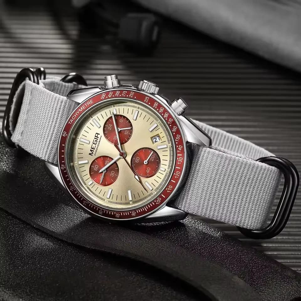 MEGIR 2247 ساعة رياضية سوداء جديدة كرونوغراف كاجوال بحزام من النسيج، كوارتز مقاوم للماء، ساعة يد للرجال - 4