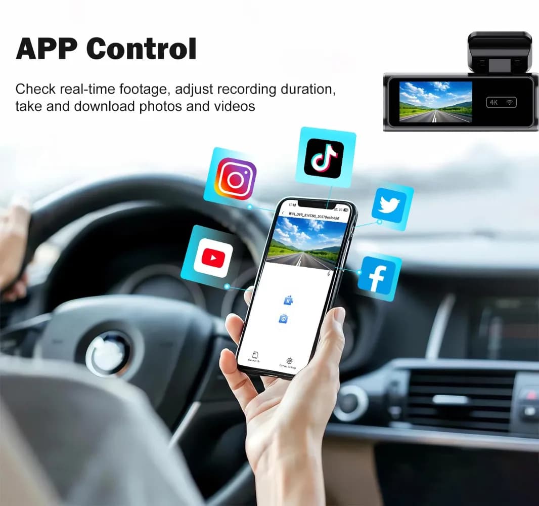 كاميرا أمامية للسيارة فائقة الدقة 4K، كاميرا صغيرة تعمل بالواي فاي DVR، صندوق أسود مع شاشة ركن السيارة 24 ساعة، رؤية ليلية، نظام تحديد المواقع/كاميرا الرؤية الخلفية اختيارية - 6