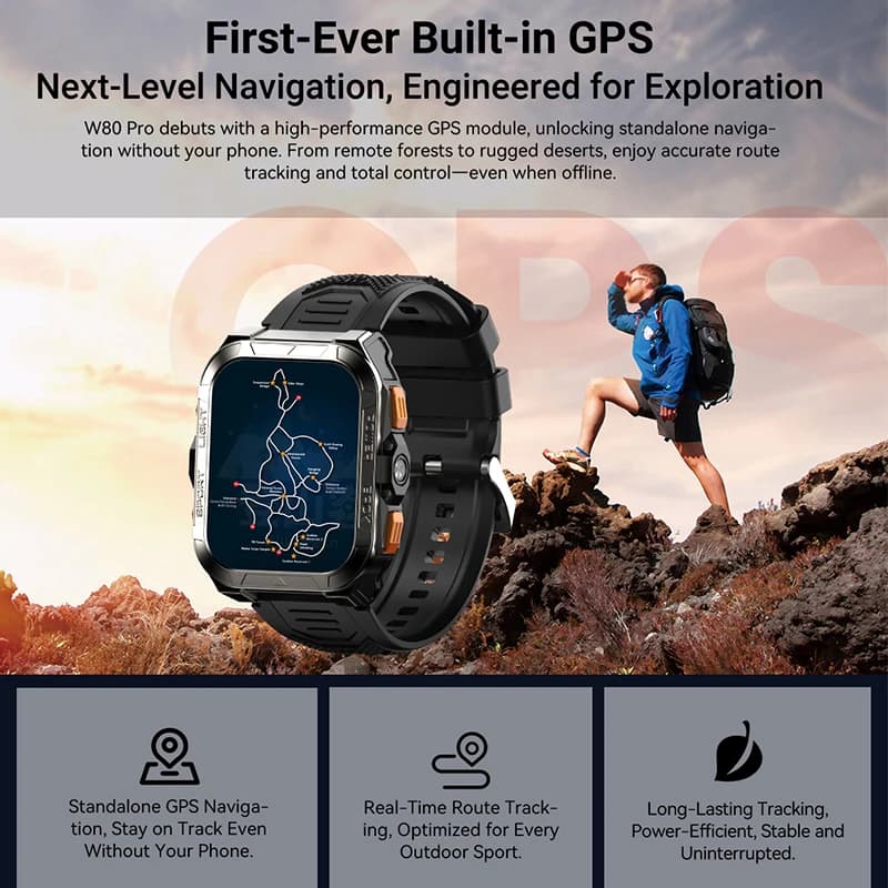 بلاك فيو W80 برو ساعة ذكية، شاشة 1.91 بوصة، جي بي إس، بوصلة، ساعة خارجية متينة، بطارية 900 مللي أمبير، كشاف LED، مكالمات بلوتوث - 3