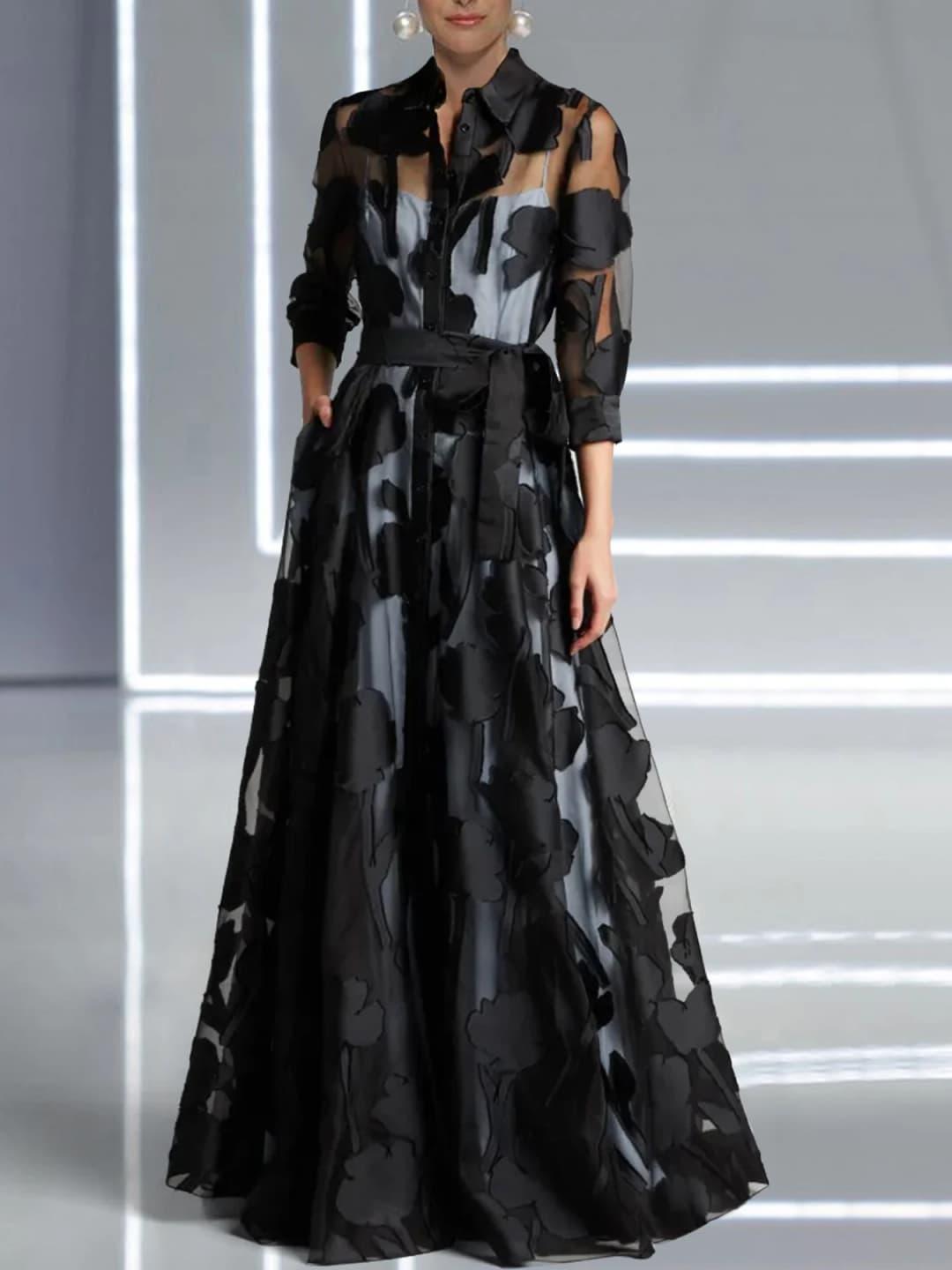 فستان ماكسي أنيق بأكمام ثلاثة أرباع وخصر معقود من الجاكار الشبكي للنساء بدون بطانة شفاف فستان طويل للحفلات