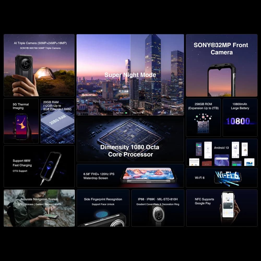 هاتف DOOGEE V31GT المتين 6.58 بوصة FHD شاشة 120 هرتز 5G تصوير حراري Dimensity 1080 12 جيجا رام + 256 جيجا روم 10800 مللي أمبير - 2