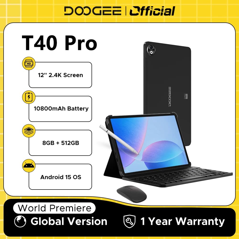 الطرح العالمي لجهاز DOOGEE T40 Pro اللوحي بشاشة 12 بوصة آي بي إس بدقة 2.4K، ذاكرة 20 جيجابايت (8+12)، سعة 512 جيجابايت، نظام أندرويد 14، معالج Helio G99 6 نانومتر، بطارية 10800 مللي أمبير، شحن 18 واط، سمك 7.6 ملم فائق النحافة