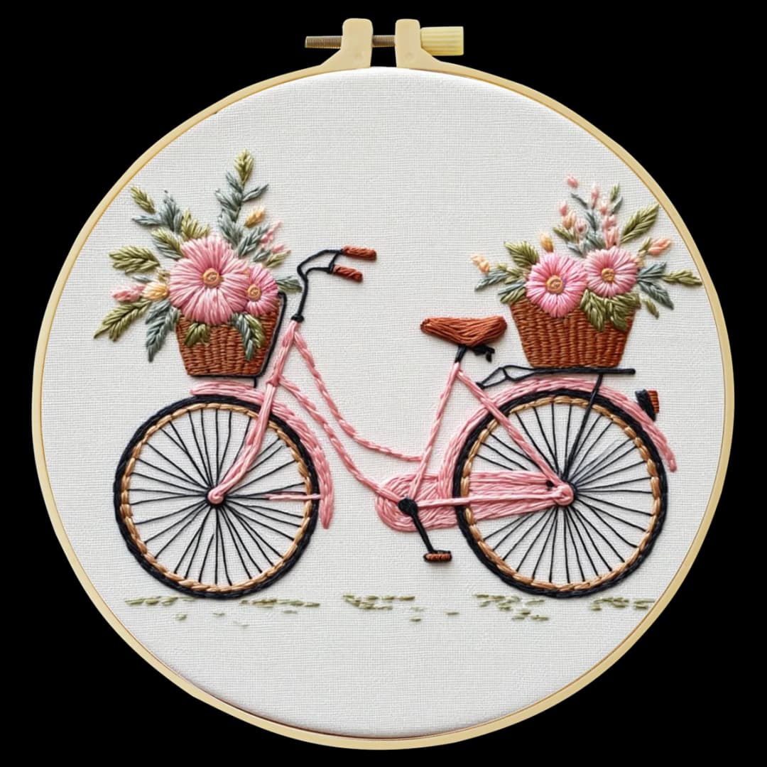 1pc 20X20CM/7.87inch Flowers on the bicycle Embroidery Starter Kit DIY kit Sewing Art Home Decor Set for Beginner - 4