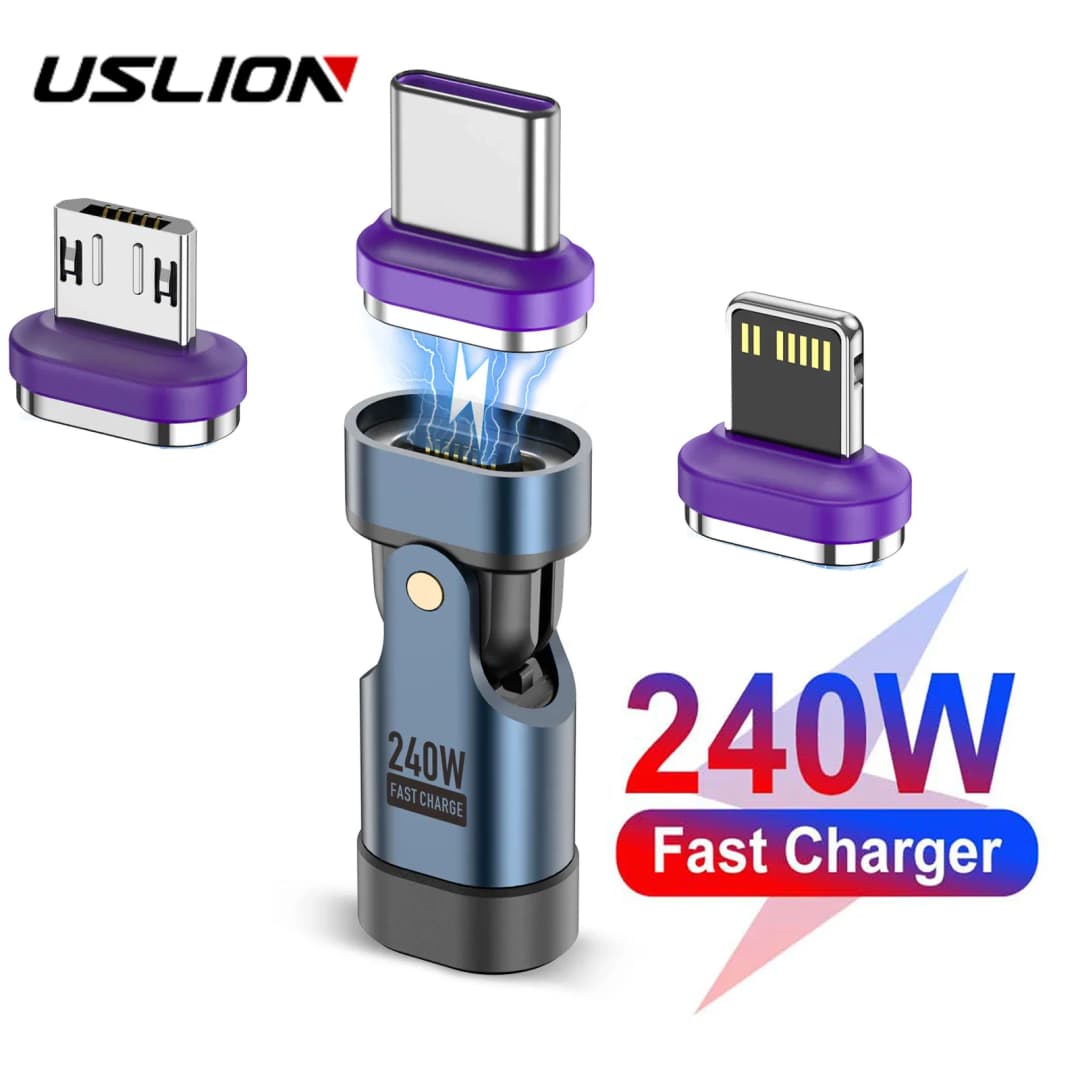USLION 240 واط نوع C محول USB-C إلى نوع-C كابل شحن سريع المغناطيسي USB C أنثى محول لماك بوك آيفون 16 15 Xiaomi