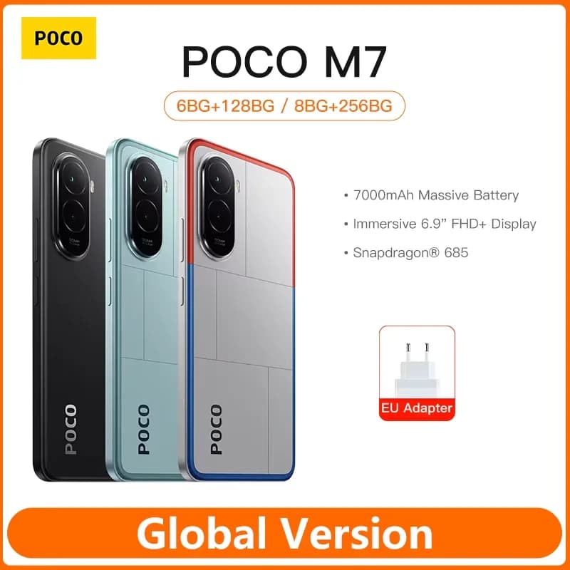 هاتف POCO M7 الإصدار العالمي، معالج Snapdragon® 685، شاشة 6.9 بوصة 144Hz FHD+، كاميرا 50MP، بطارية 7000mAh، شحن سريع 33W، NFC