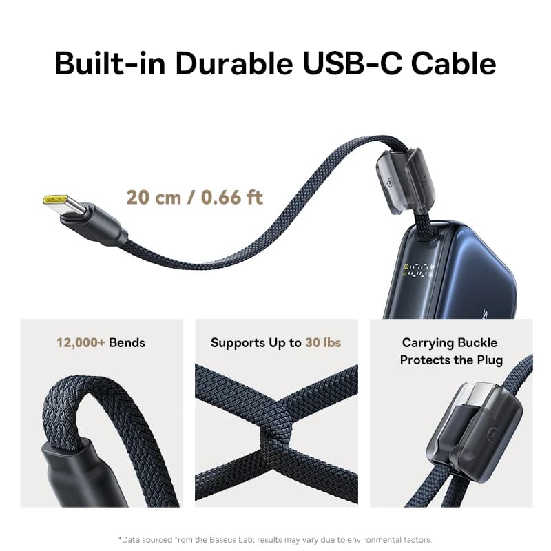 بنك طاقة Baseus ميني 45 واط 10000 مللي أمبير، كابل USB-C مدمج، حجم صغير، شحن سريع محمول لهاتف آيفون 17 وسامسونج S25 - 4
