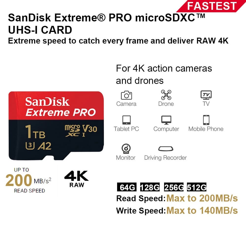 بطاقة ذاكرة SanDisk V30 Micro SD Extreme PRO بسعة 32 جيجابايت و64 جيجابايت و128 جيجابايت و256 جيجابايت و512 جيجابايت و1 تيرابايت، UHS-I، بطاقة TF بسرعة 200 ميجابايت/ثانية، C10 U3 4K لكاميرا Steam Deck - 5