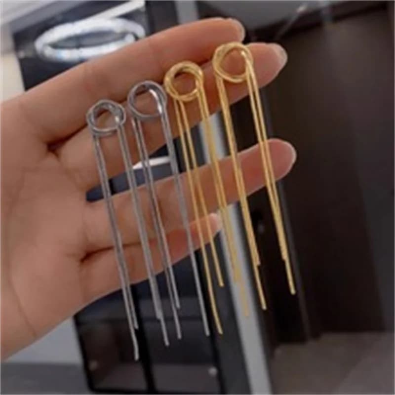 Luxury Aesthetic Gold Plated Geometric Long Tassel Earrings Stud for Women Ear Piercing Drop Wedding Party Jewelry Gift - 4