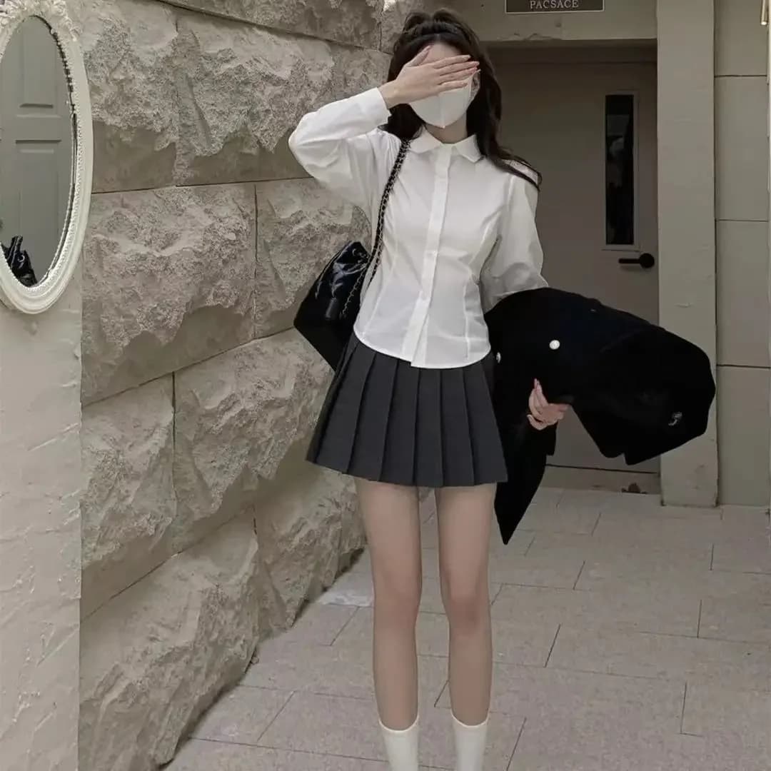 Preppy Bandage Basic White Shirt Women Slim Long Sleeve Cute Top School Button Down Tunic Shirts Blouse Female Casual Lady - 6