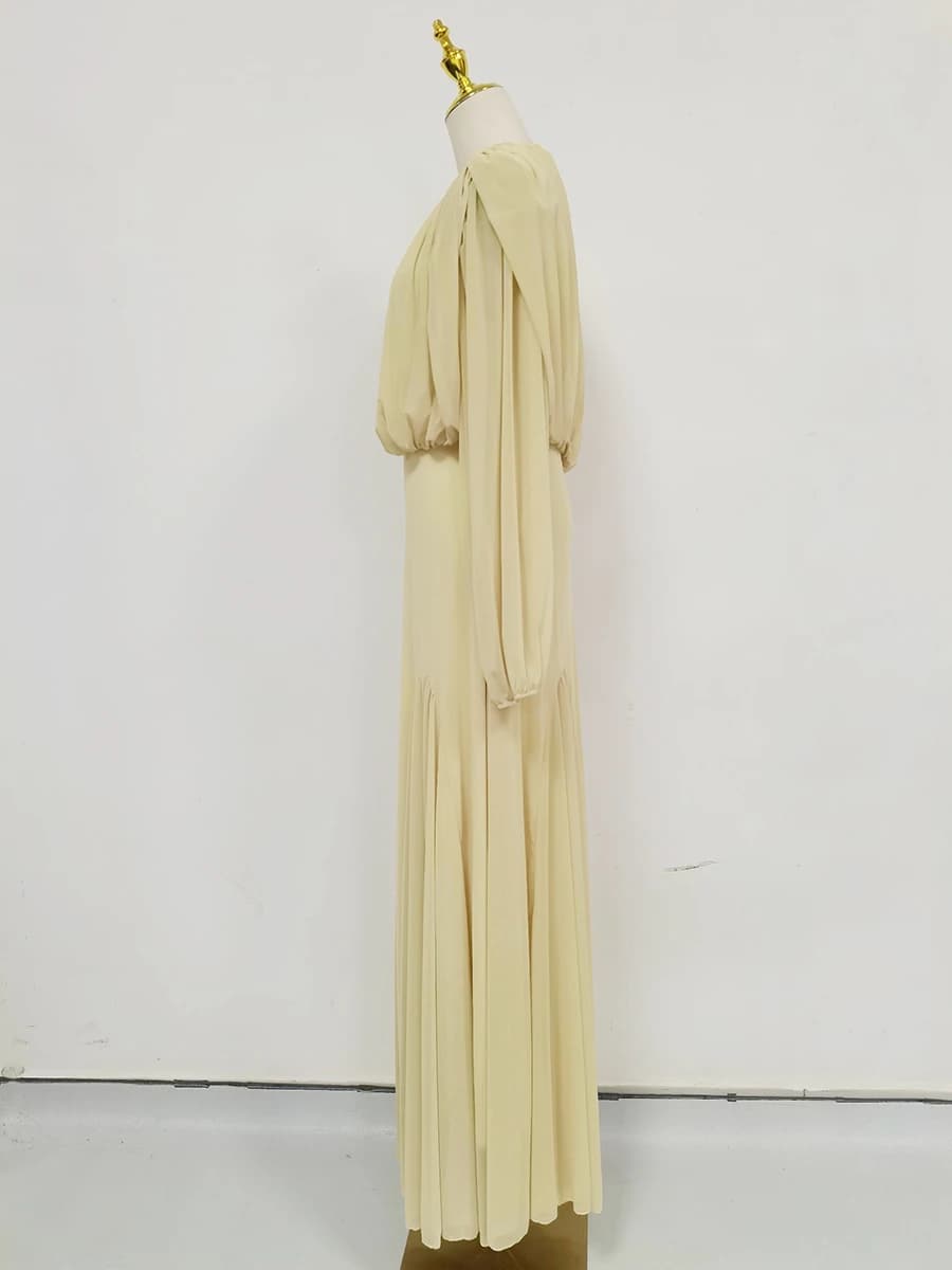 VGH Yellow Dinner Loose Folds Maxi Dresses for Women O Neck Shoulder Pud High Waist Temperament Dress Female Fashion Clothing - 5