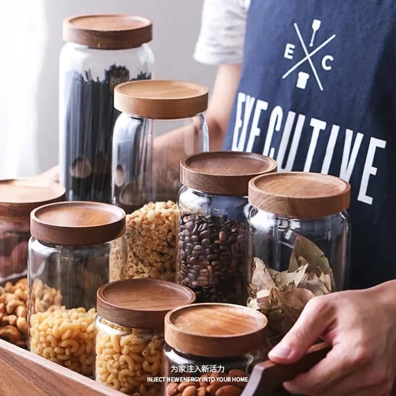 1pcs Wood Lid Orgnizer Glass Airtight Canister Kitchen Storage Bottles Jar Sealed Food Container Ginger Cereal Dispenser Set - 4