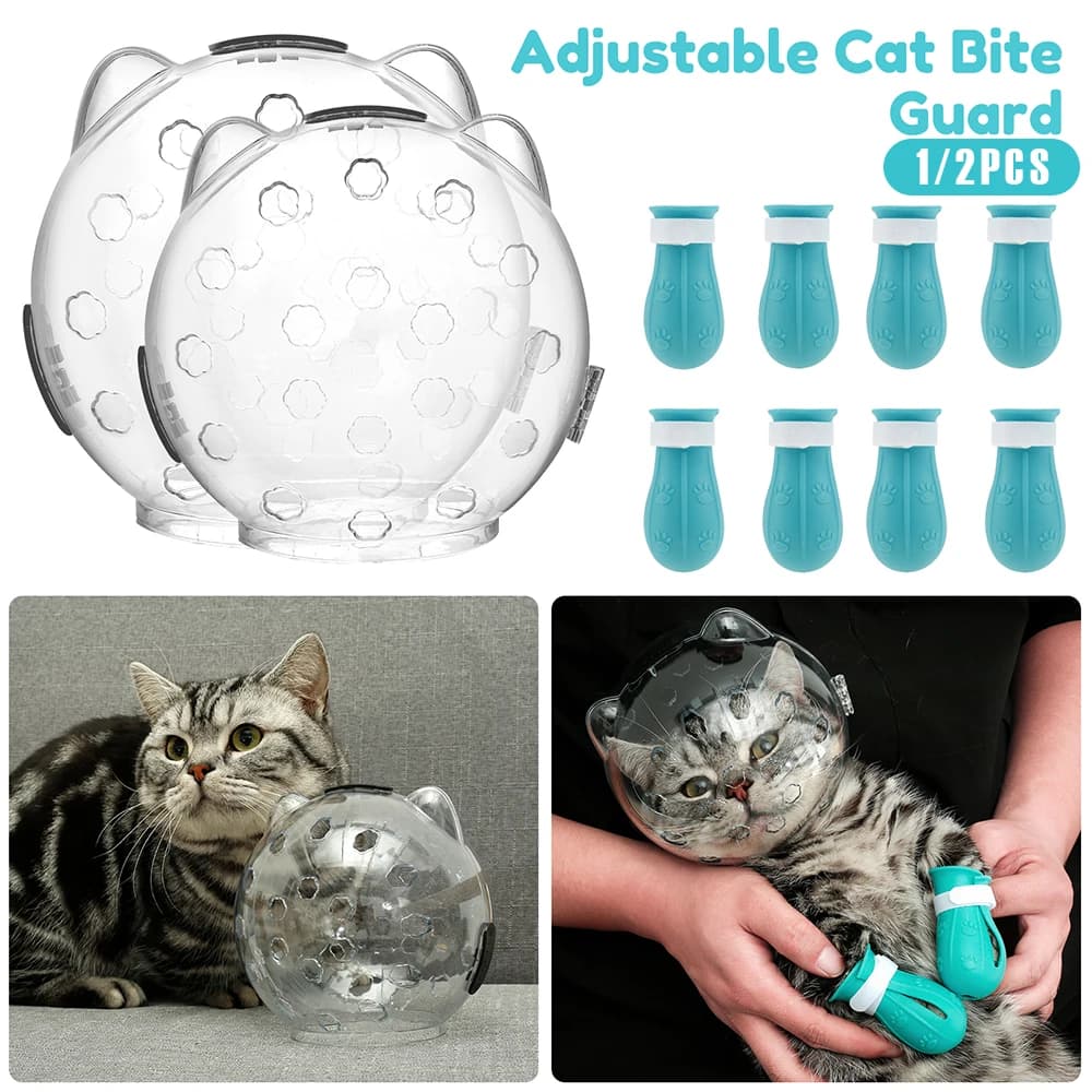 1/2 قطعة كمامة للقطط غطاء للعناية بالحيوانات الأليفة إكسسوار مقاوم للعض واللعق غطاء رأس للقطط خوذة قابلة للتنفس مع 4 أحذية سيليكون للمخالب