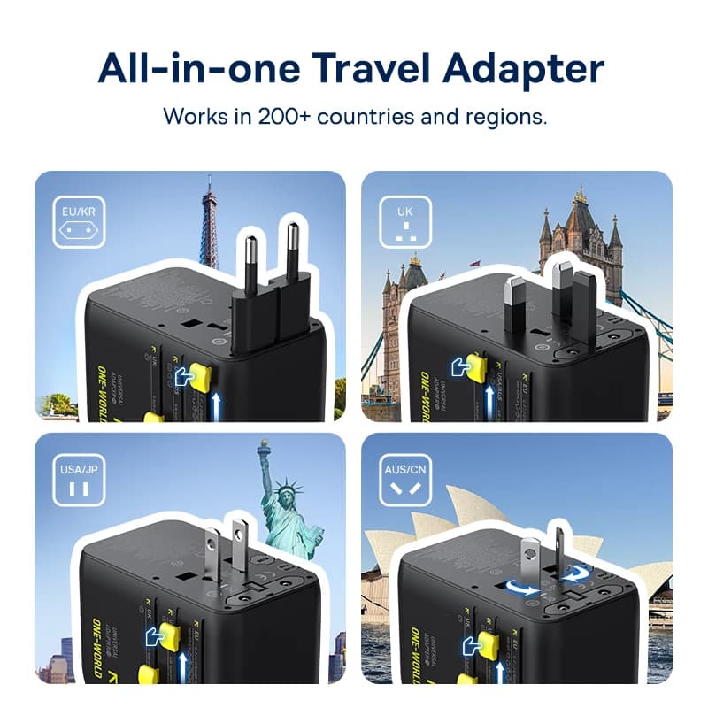 Baseus GaN Charger Universal Travel Adapter Built in 70W Retractable Cable 2AC 2 USB-A Type-C Fast Charging EU/UK/USA/AUS - 2