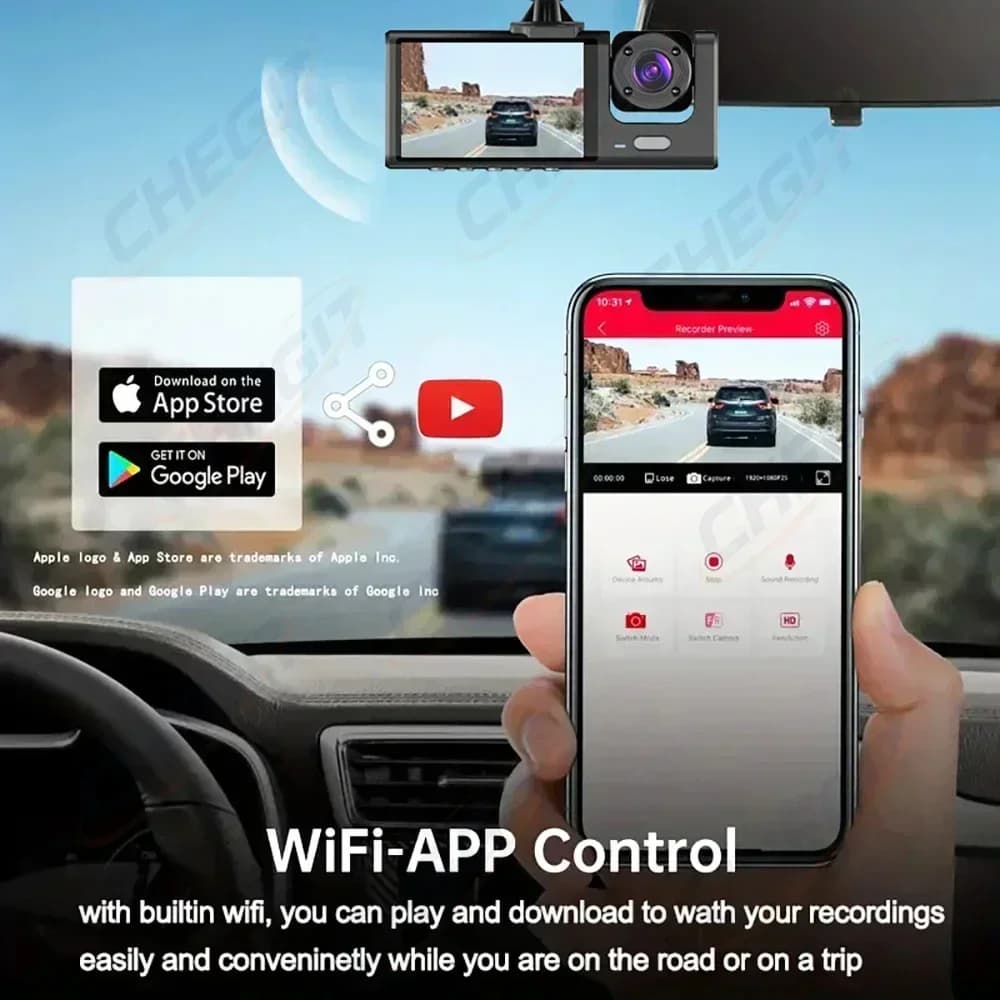 واي فاي 3 قناة مسجل سيارة صغير كاميرا سيارة ثلاثية الاتجاهات كاميرا داخل المركبة مسجل FHD 1080P فيديو كاميرا سيارة مسجل أسود - 4