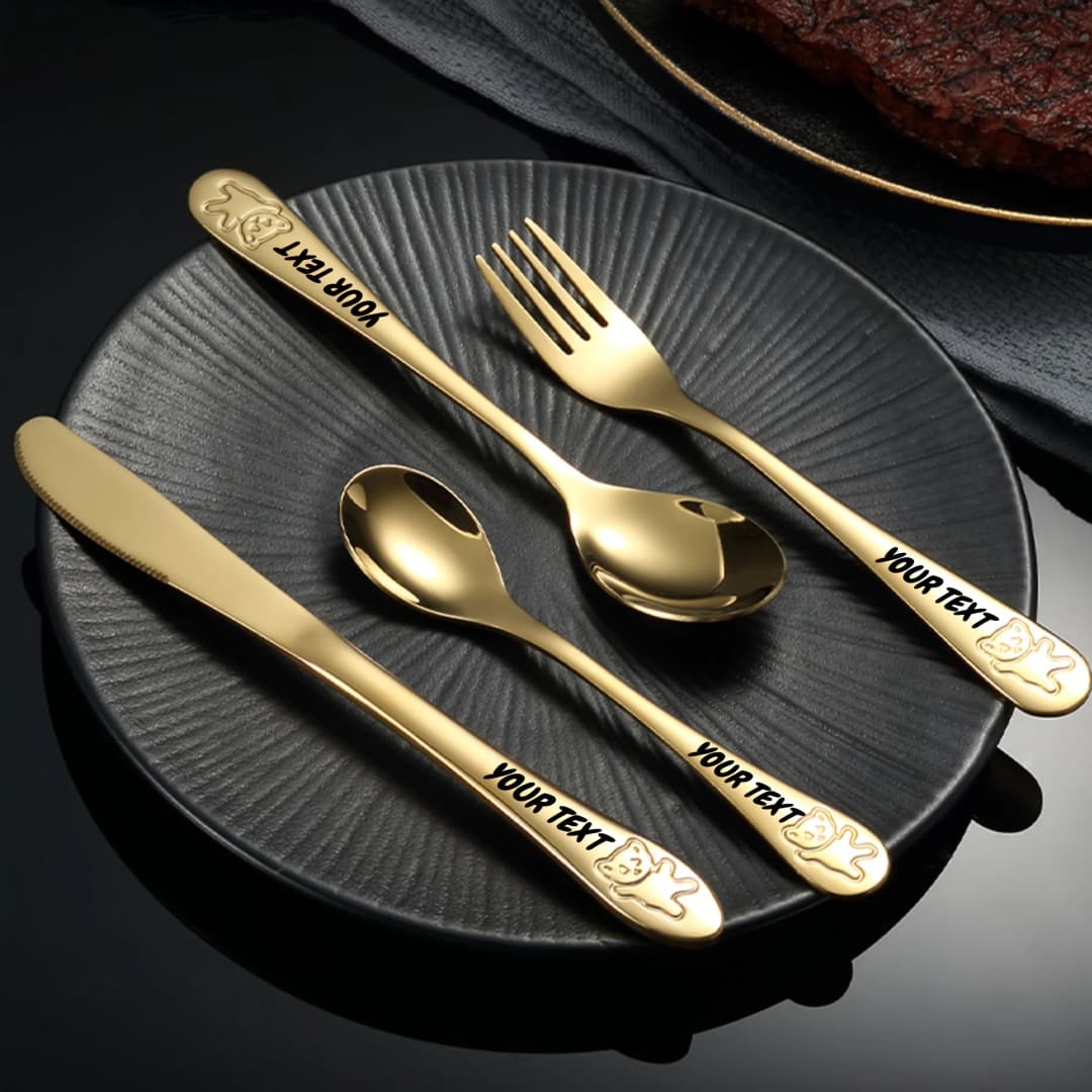 4pc Customizable Name 304 Stainless Steel Flatware Set with Cute Bear Design Personalized Text Include Knife Fork Spoon Teaspoon - 2