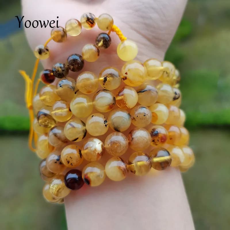 Yoowei 5mm 7mm Natural Amber Bracelet Genuine 108 Plant Beads Mala Meditation Buddhist Necklace New Scenery Ambar Jewelry Gift