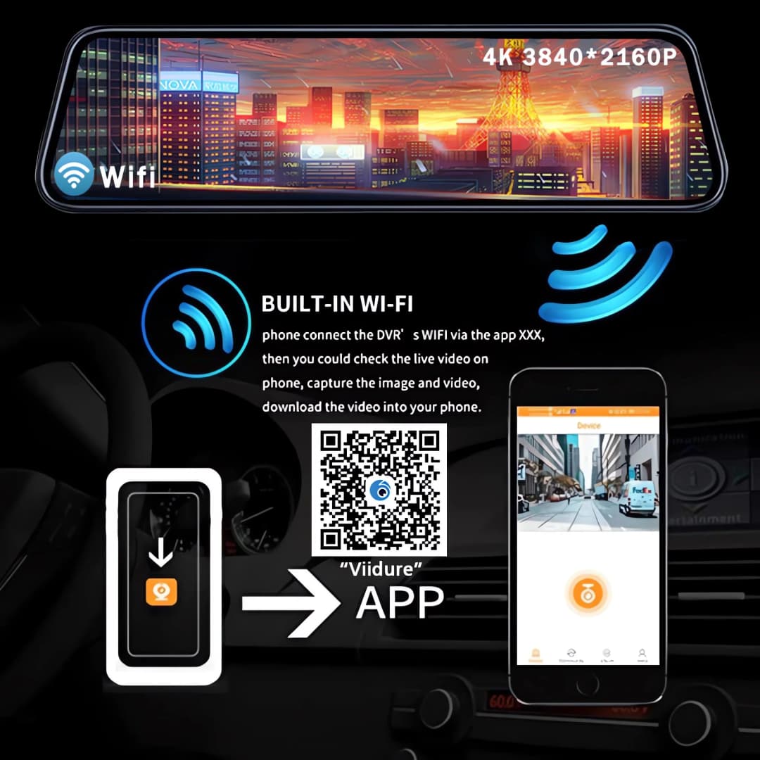 كاميرا سيارة 10 بوصة بدقة 4K 2160P مع نظام تحديد المواقع وواي فاي، جهاز تسجيل فيديو رقمي بمرآة بعدسة مزدوجة، شاشة IPS، مسجل قيادة، مرآة رؤية خلفية - 3