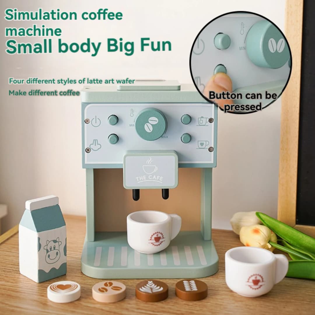 Kids Kitchen Toy Set Wooden Coffee Maker Set Simulation Cookie Pretend Play Educational Toys Gifts for Girls Boys - 3