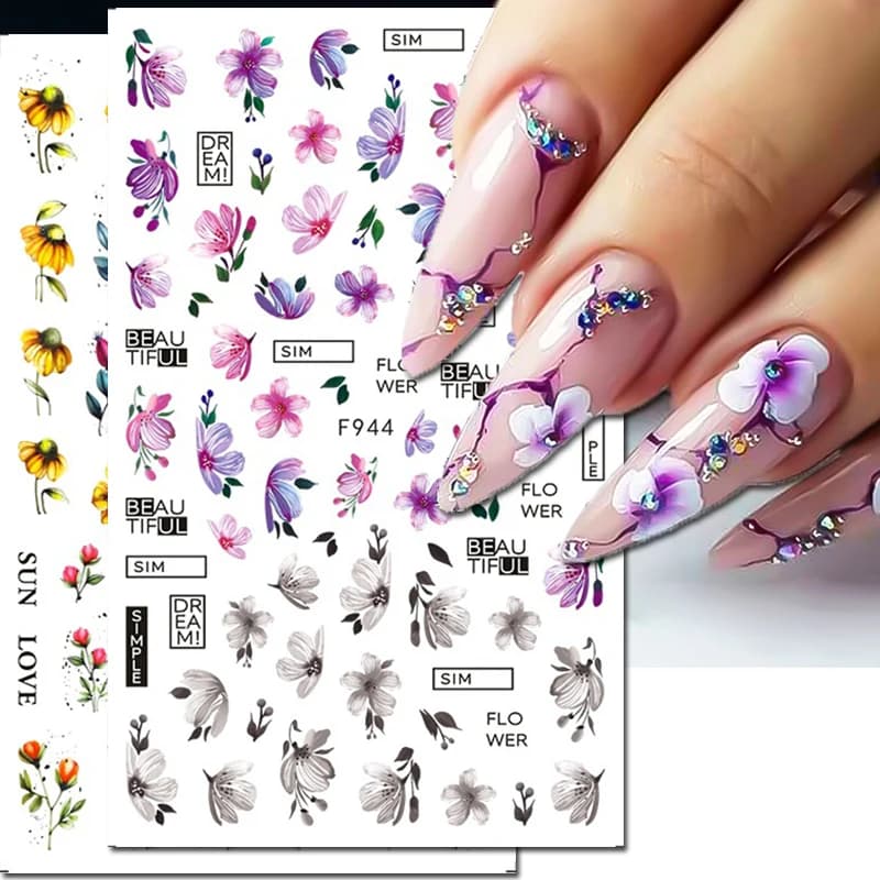 1PCS Spring Summer Fresh Flowers Four Leaf Clover 3D Nail Sticker Nail Art Decoration Abstract Color Ribbon Leaves Nail Decals