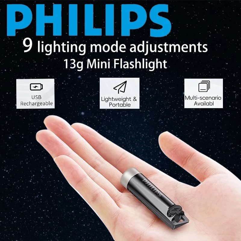 Philips كشاف SFL1121 EDC جديد 2025 قابل لإعادة الشحن LED صغير سلسلة المفاتيح للتخييم والمشي لمسافات طويلة والدفاع عن النفس محمول