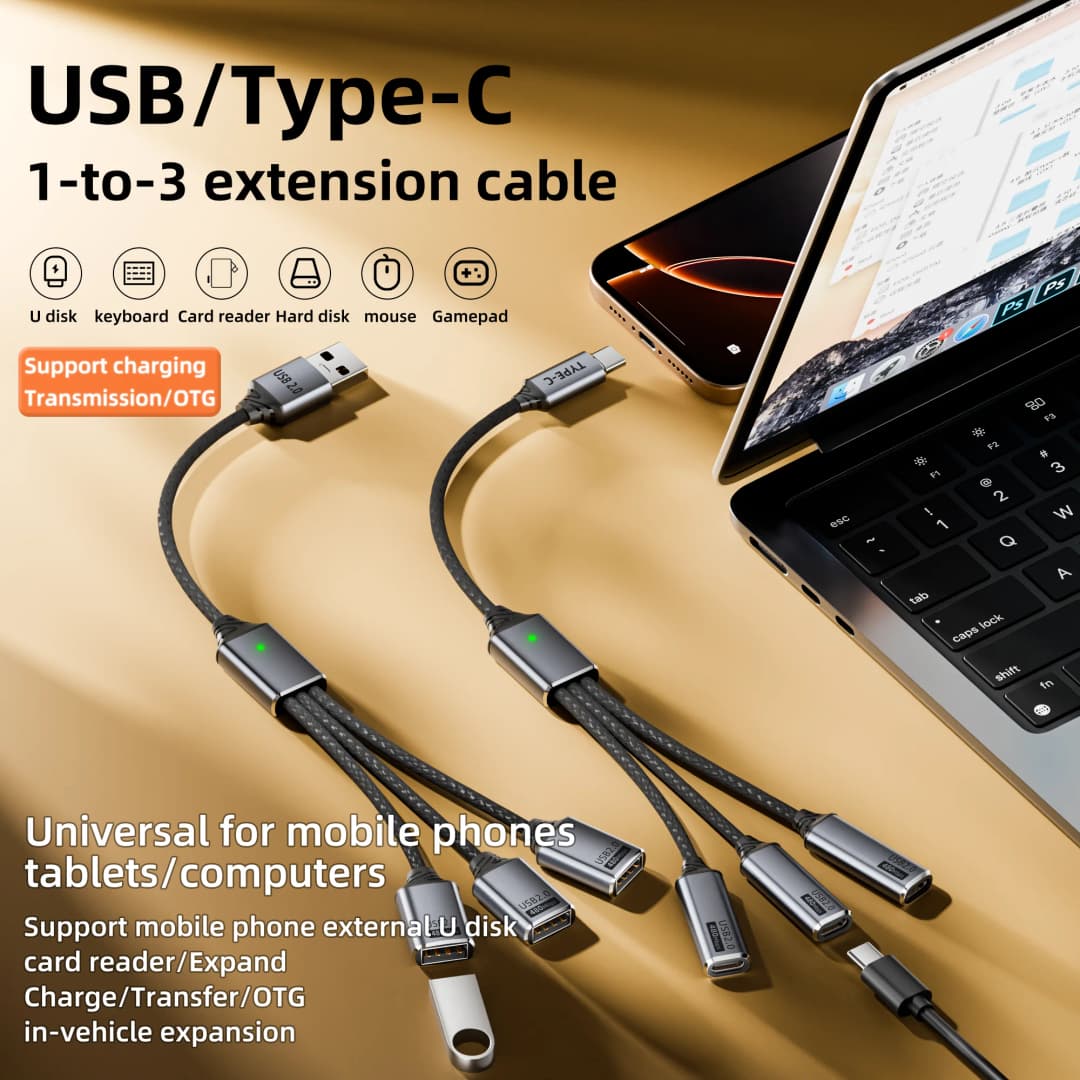 كابل توسيع 3 في 1، موزع USB A وType C، محول OTG، شحن سريع، مزامنة بيانات للهاتف والجهاز اللوحي - 2