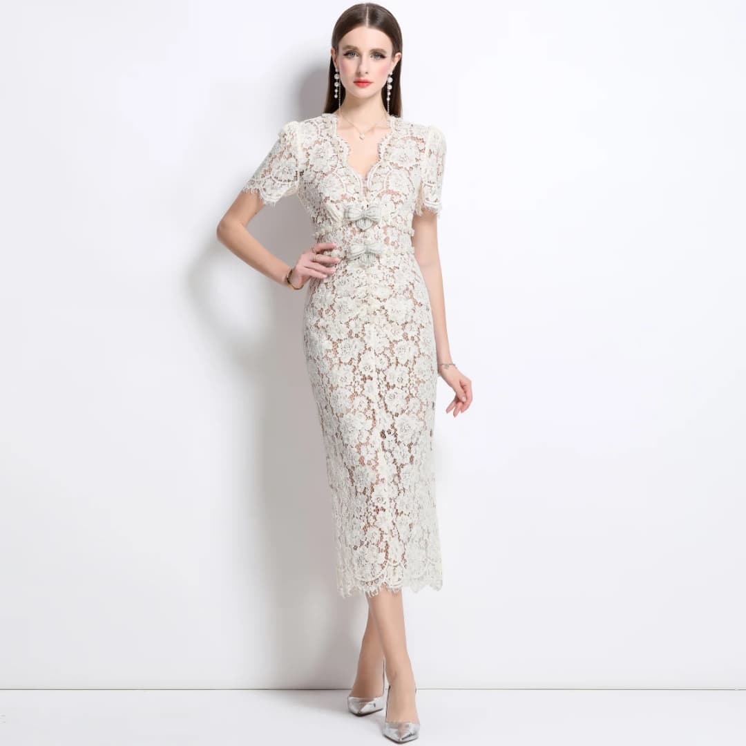Slim Fit Hollow out Heavy Embroidery Lace Dress with Belt And Inner Strap Two Piece Set Korean Style High Waist Midi Skirt - 3