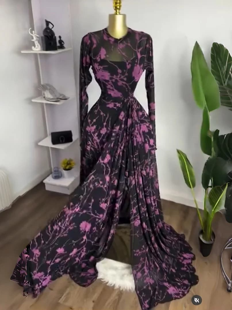 فستان طويل نسائي طويل الأكمام GLCMYAYA ياقة دائرية فتحة عالية فستان ماكسي أنيق - 3