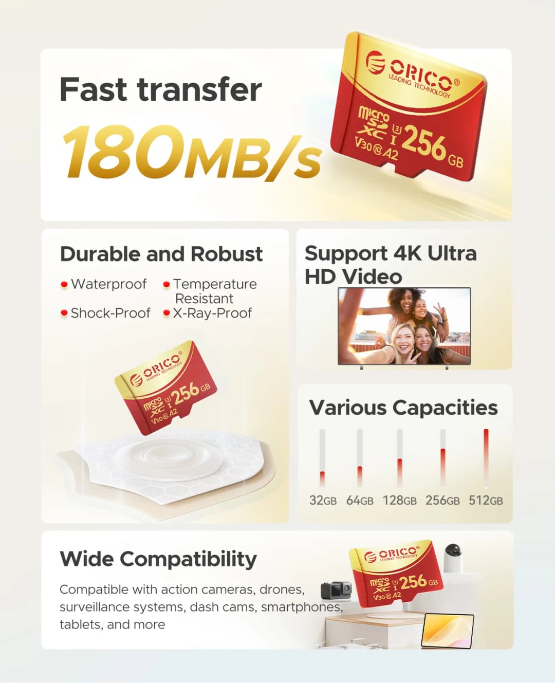 بطاقة ذاكرة ORICO 256GB Micro SD microSDXC بسرعة قراءة/كتابة حتى 180 ميجابايت/ثانية، متوافقة مع Full HD و4K UHD، C10، U3، V30، 4K، A2، مثالية للكاميرات بدون طيار وكاميرات داش - 2