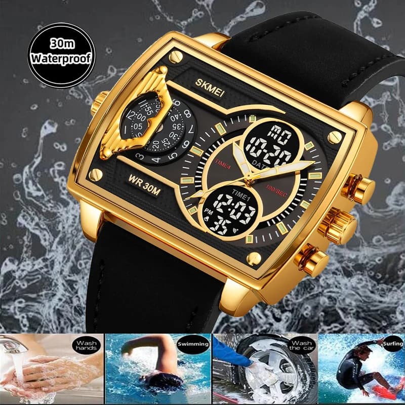 سكيمي ساعات رياضية رجالية متعددة المناطق الزمنية موضة عرض رقمي تناظري مقاومة للماء ساعة كوارتز معصم ليد كرونو منبه - 4