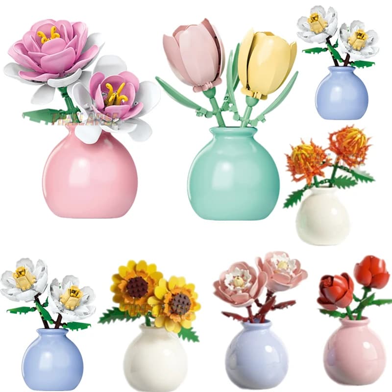 DIY MOC Flowers Bouquet Rose Sunflower Succulents Bonsai Vase Gardens Romantic Building Blocks Model Bricks Sets Kits Toys