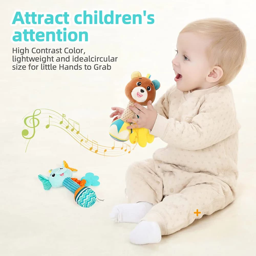 Baby Rattles Soft Stuffed Animal Rattle Hand Grip Baby Toys Shaker Crinkle Squeaky Sensory Travel Accessories for Toddler Gifts - 4