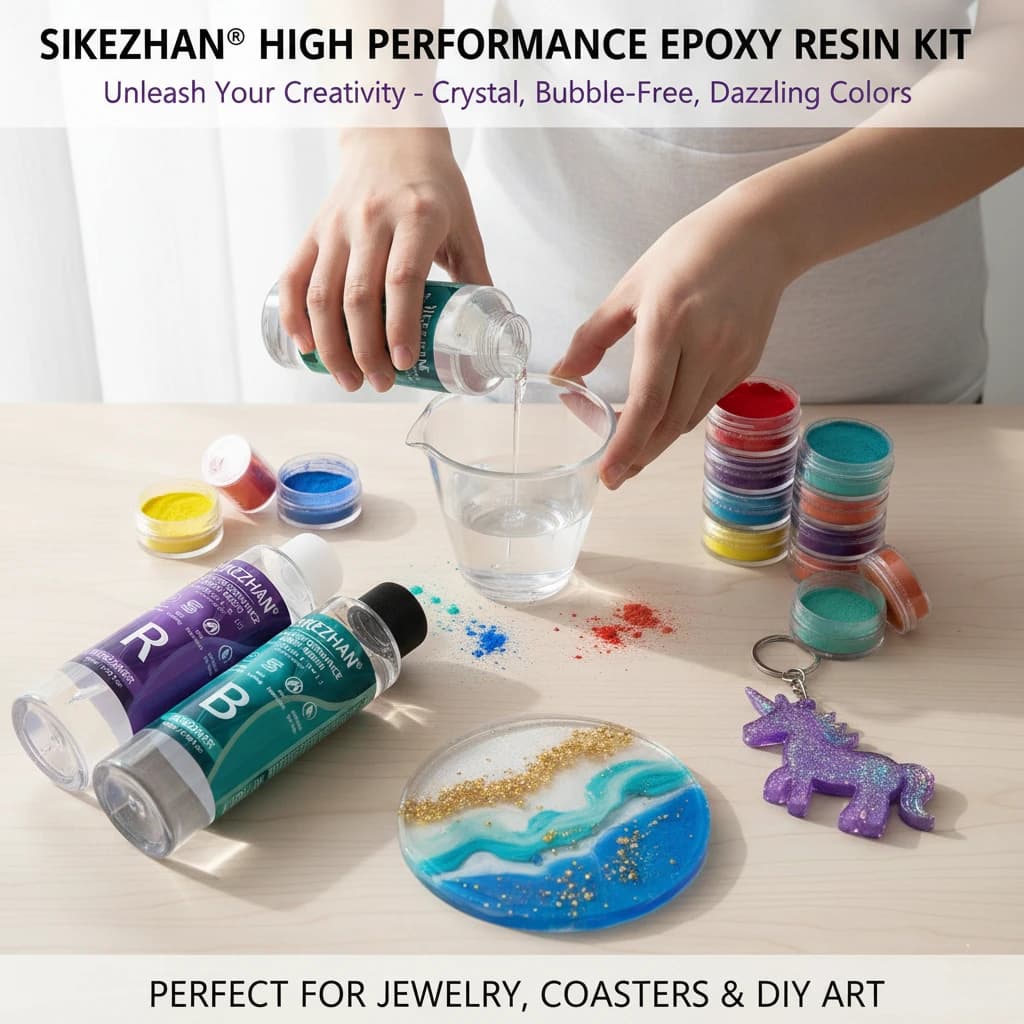 طقم راتنج إيبوكسي شفاف كالكريستال مع 6 ألوان من مسحوق الميكا، غراء AB خالٍ من الفقاعات لصناعة المجوهرات، فن الأظافر، الصابون والحرف اليدوية - 4