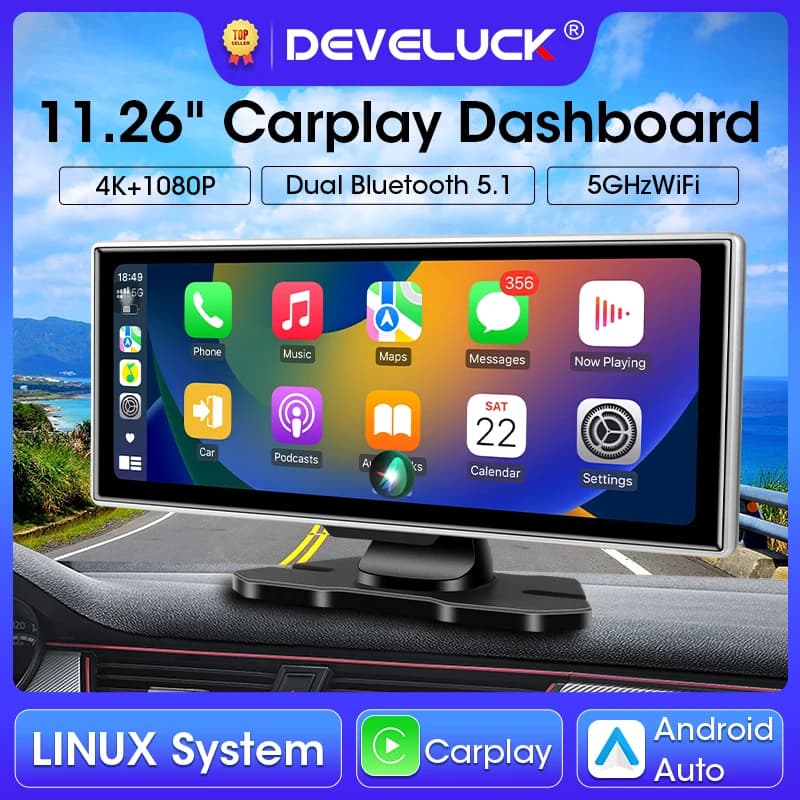 شاشة 11.26 بوصة 4K DVR مع كاميرا داش بعدسة مزدوجة، Carplay اللاسلكية وأندرويد، نظام تحديد المواقع والملاحة، 5G واي فاي، FM، AUX