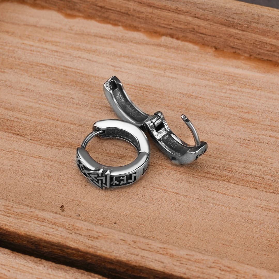 Vintage Viking Valknut Hoop Earrings Men Women Tiny Ancient Nordic Amulet Jewelry Scandinavian Rune Gift Stainless Steel Earring - 3