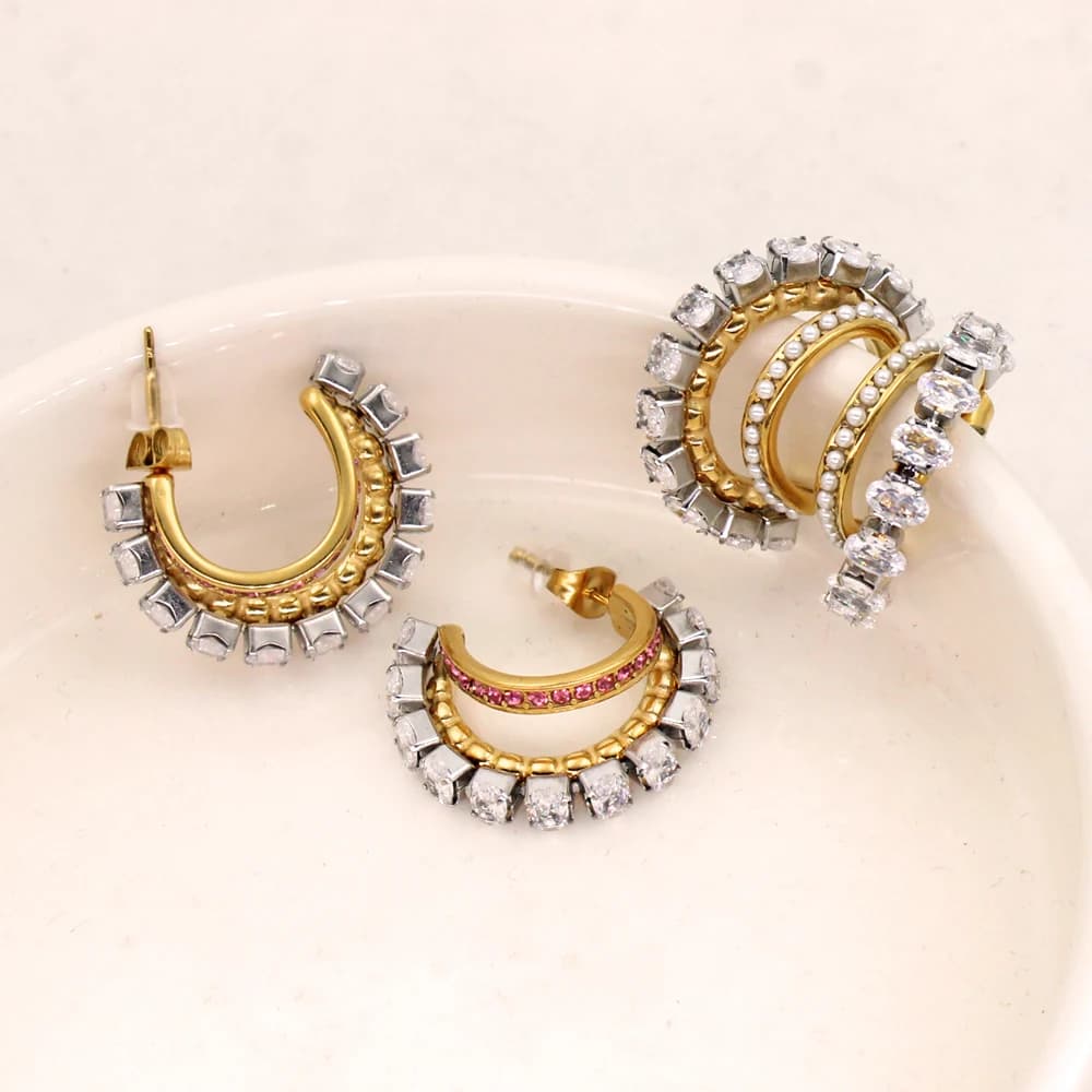 Shiny Bling White Zirconia Stainless Steel Ear Stud Luxury Irregular C Shape Hoop Earrings Golden Ear Jewelry Anti Allergic - 6