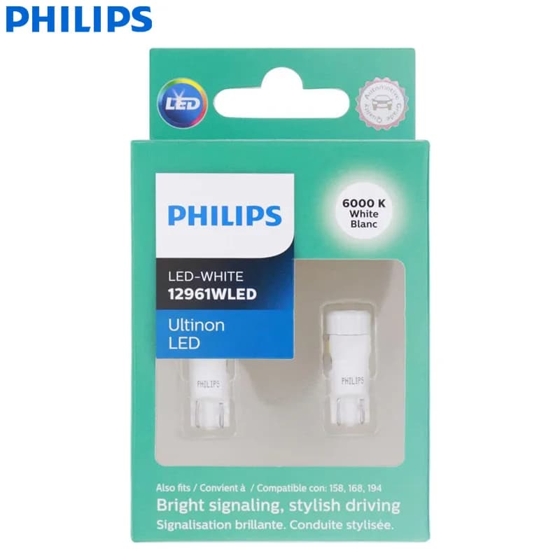 Philips Ultinon LED T10 W5W 194 6000K Bright White Car LED Signals Read Door Plate Lamps Interior Dashborad Bulbs 12961ULWX2 - 2