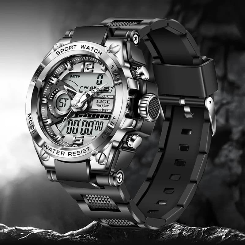 LIGE Men Sport Watch 50M Waterproof Dual Display Analog Digital Watch LED Backlight Chronograph Quartz Wristwatch Gift Box Set - 3