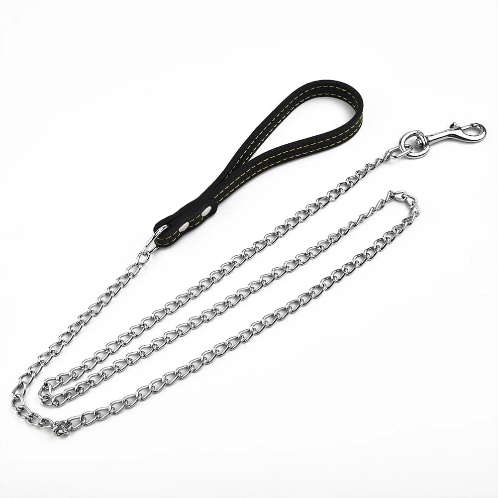 Metal Chain Dog Leash Leather Handle dog collar Dog walking rope Pets Supplies Durable strong control - 5