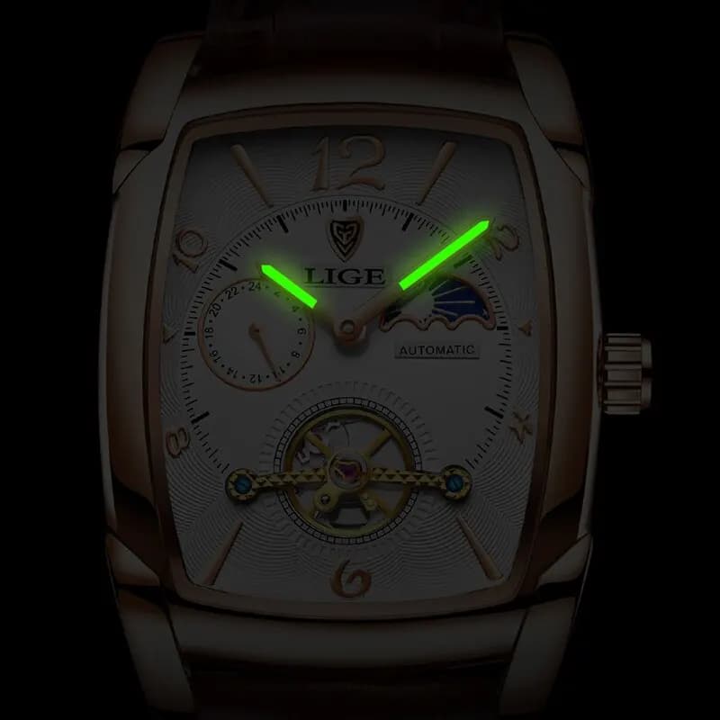 ساعة LIGE الجديدة للرجال 2024 ساعة ميكانيكية أوتوماتيكية للأعمال الرياضية ساعة يد مضيئة مقاومة للماء بحزام جلدي - 4