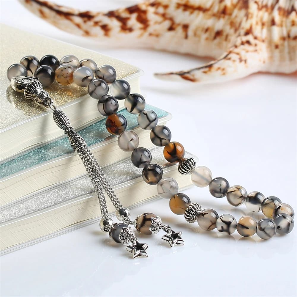 الحجر الطبيعي العقيق تسبيح مسبحة فضية اللون شرابة سبحة صلاة 33 66 99 مسبحة الإسلام - 2