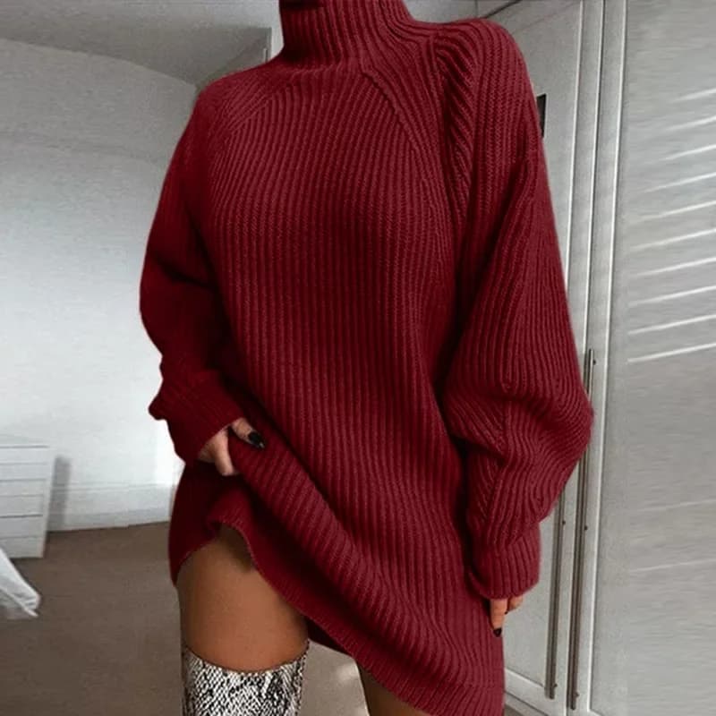 Women's Solid Color Loose Knitted Dress 2023 Autumn Winter New Dress Sweater Women Long Sleeve Turtleneck Pullover Dress Sweater - 3