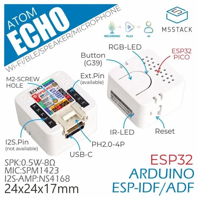 لوحة تطوير سماعة ذكية M5Stack ATOM Echo ESP32 قابلة للبرمجة مساعد منزلي ذكي تحكم صوتي منزلي - 2