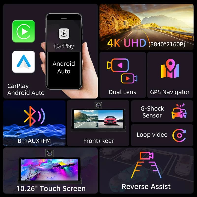 10.26 بوصة 4K Dash Cam Carplay Android Auto GPS 5G WIFI FM BT Car Dvr 350 °   مسجل محرك كاميرا شاحنة داشكام بعدسة مزدوجة الدوران - 3