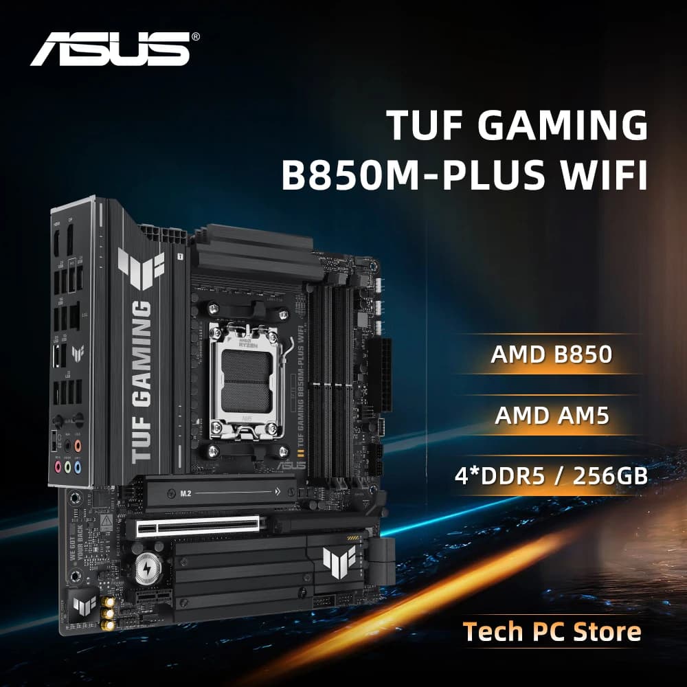 ASUS TUF GAMING B850M-PLUS WIFI AMD B850 سعة 256 جيجابايت DDR5 PCIe 4.0 مقبس AM5 يدعم سلسلة Ryzen 9000/8000/7000 مقاس 24.4 × 24.4 سم